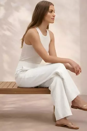 White casual linen blend straight fit pants