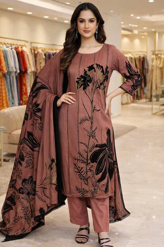 Pink color crepe silk printed women unstitched dress material