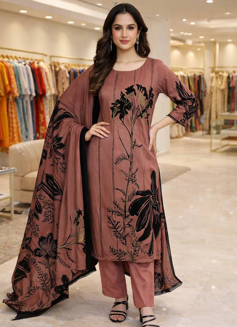 Pink color crepe silk printed women unstitched dress material