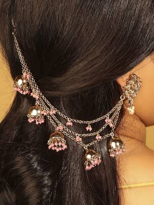 pink brass ear chain with latkan jhumki and pearl work 3