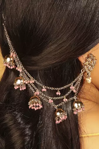 pink brass ear chain with latkan jhumki and pearl work