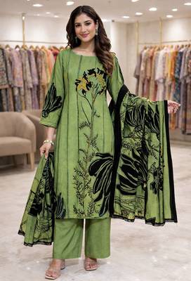 Green color crepe silk printed women unstitched dress material 1
