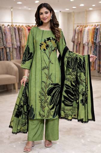 Green color crepe silk printed women unstitched dress material