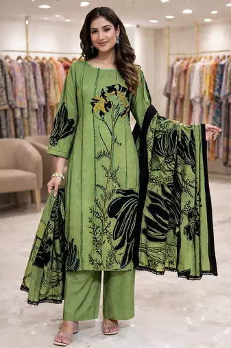 Green color crepe silk printed women unstitched dress material