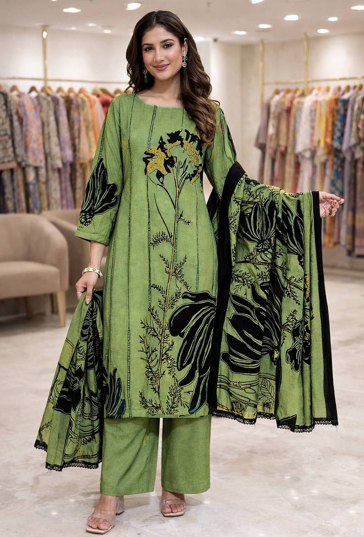 Green color crepe silk printed women unstitched dress material
