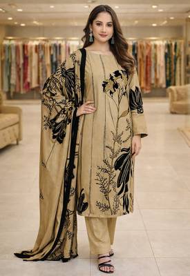 Beige color crepe silk printed women unstitched dress material 1