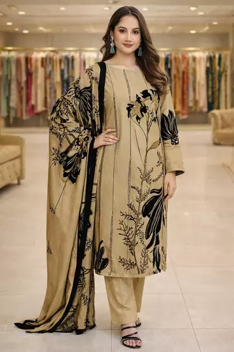 Beige color crepe silk printed women unstitched dress material
