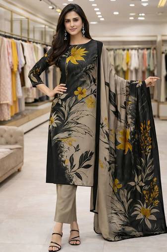 Grey color crepe silk printed women unstitched dress material