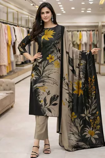 Grey color crepe silk printed women unstitched dress material