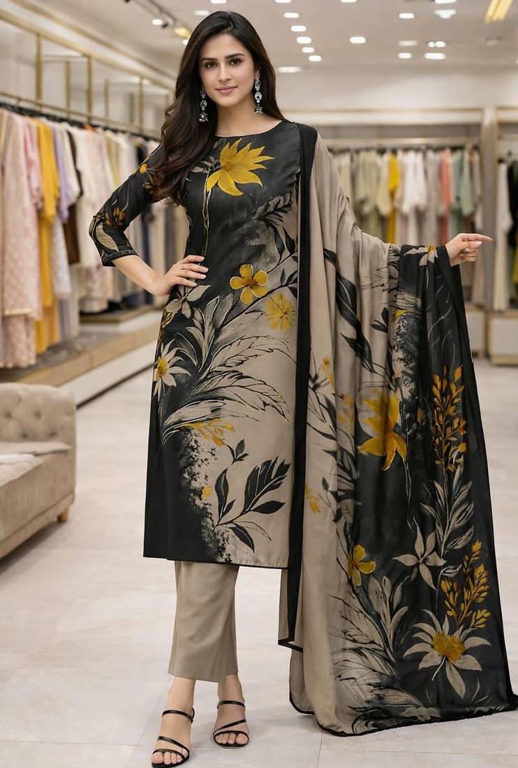 Grey color crepe silk printed women unstitched dress material