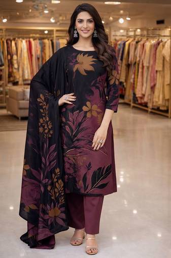 Pink color crepe silk printed women unstitched dress material