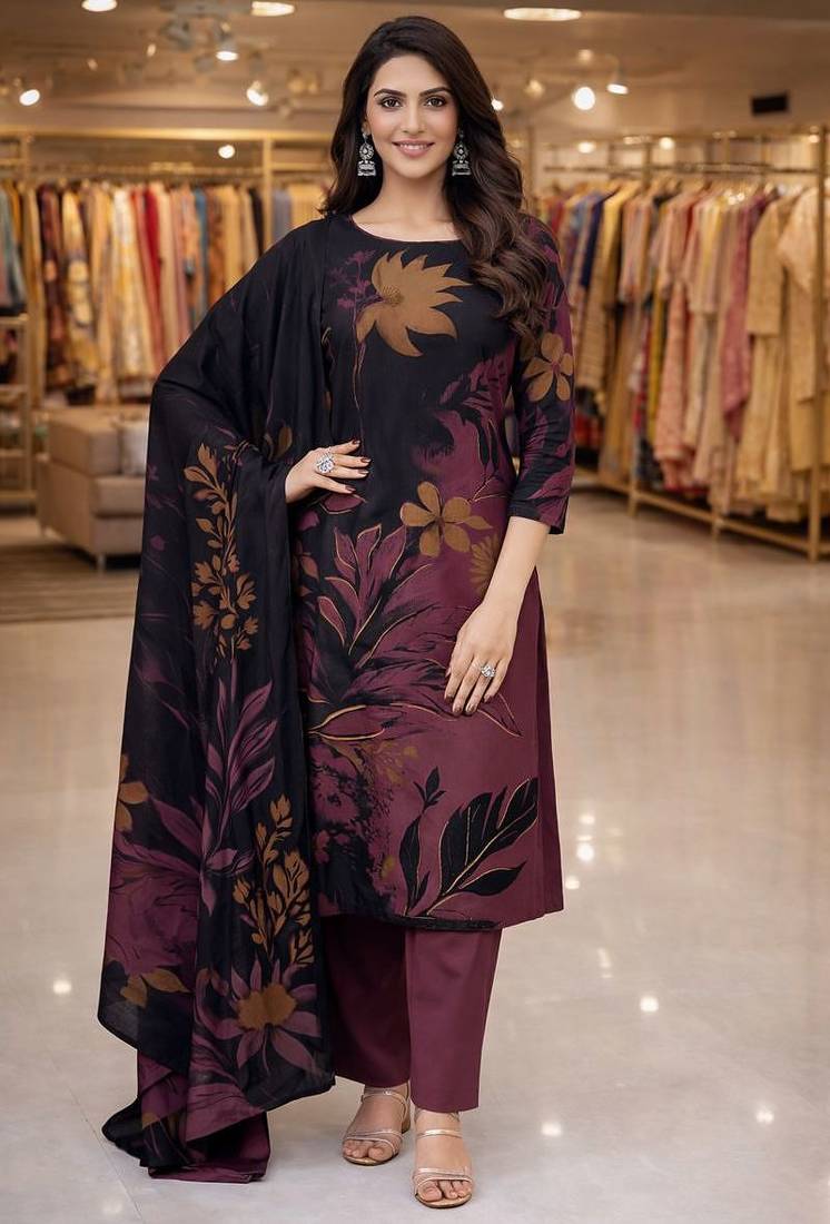 Pink color crepe silk printed women unstitched dress material