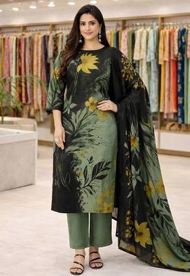 Green color crepe silk printed women unstitched dress material 1