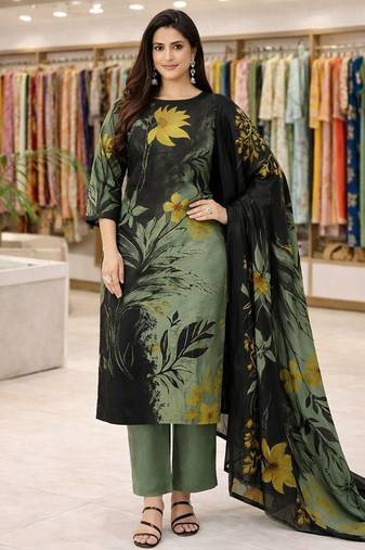 Green color crepe silk printed women unstitched dress material