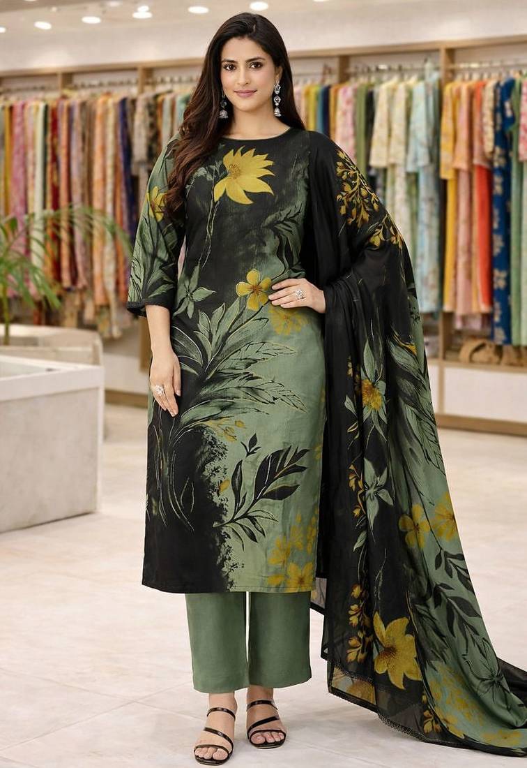 Green color crepe silk printed women unstitched dress material