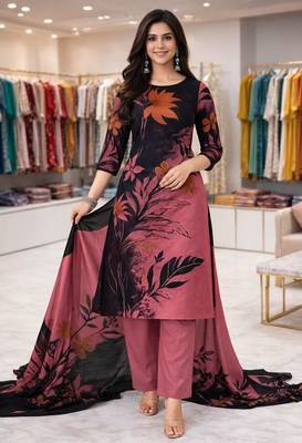 Pink  color crepe silk printed women unstitched dress material 1