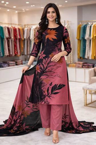 Pink  color crepe silk printed women unstitched dress material