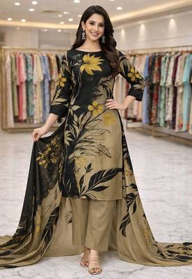 Beige color crepe silk printed women unstitched dress material 1