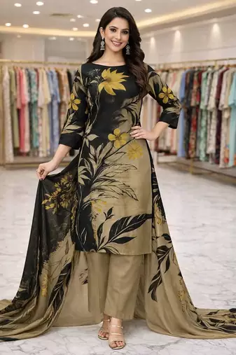 Beige color crepe silk printed women unstitched dress material