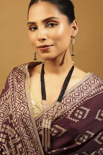 long black bead mangalsutra set with temple pendant & earrings