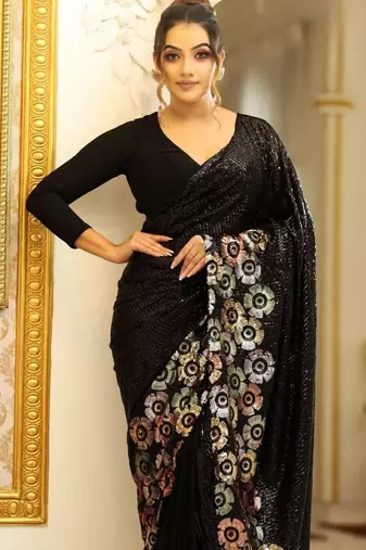 Black color Sequins Embroidery Work Georgette Saree