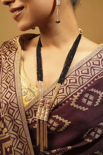 long black bead mangalsutra set with temple pendant & earrings