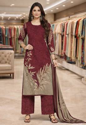 Red color crepe silk printed women unstitched dress material 1