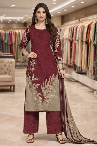 Red color crepe silk printed women unstitched dress material