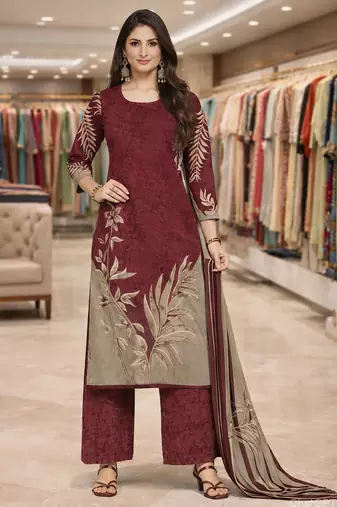 Red color crepe silk printed women unstitched dress material