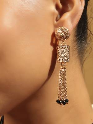 long black bead mangalsutra set with temple pendant & earrings 5