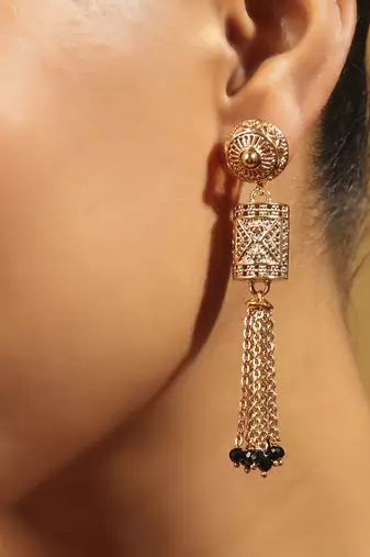 long black bead mangalsutra set with temple pendant & earrings