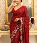 Maroon color Sequins Embroidery Work Georgette Saree