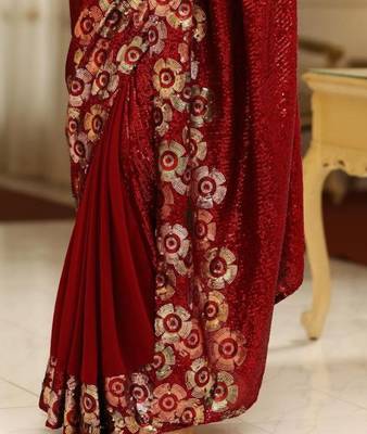 maroon georgette saree with sequins work 3