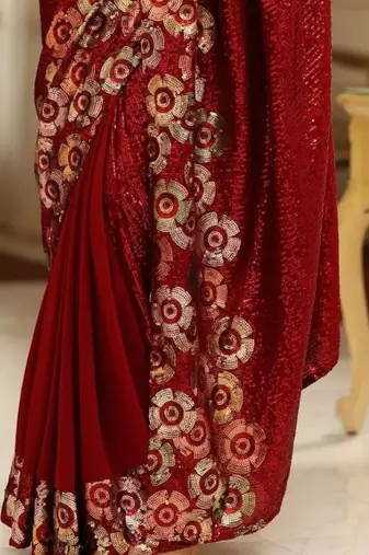 maroon georgette saree with sequins work