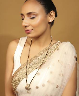 gold tone long mangalsutra with black beads & oval pendant 4