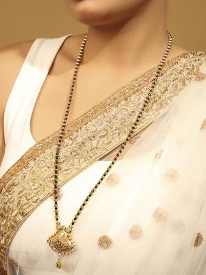 gold tone long mangalsutra with black beads & oval pendant 5