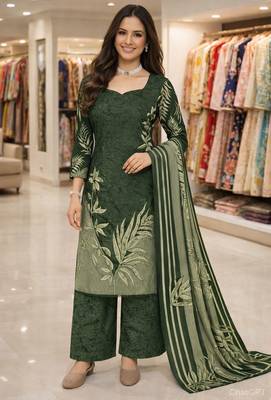 Green color crepe silk printed women unstitched dress material 1
