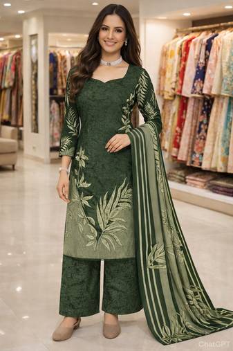 Green color crepe silk printed women unstitched dress material