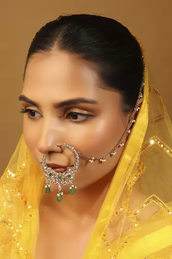 gold plated leaf shape crystal nose ring with chain (nathiya)