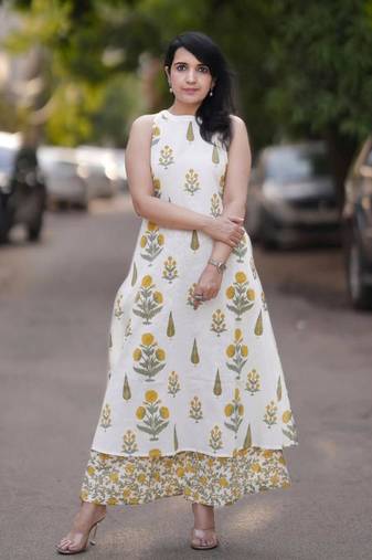 White & Yellow Floral Printed Cotton Co-ord Set for Women