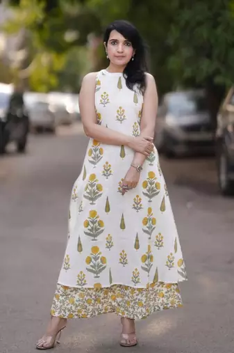 White & Yellow Floral Printed Cotton Co-ord Set for Women