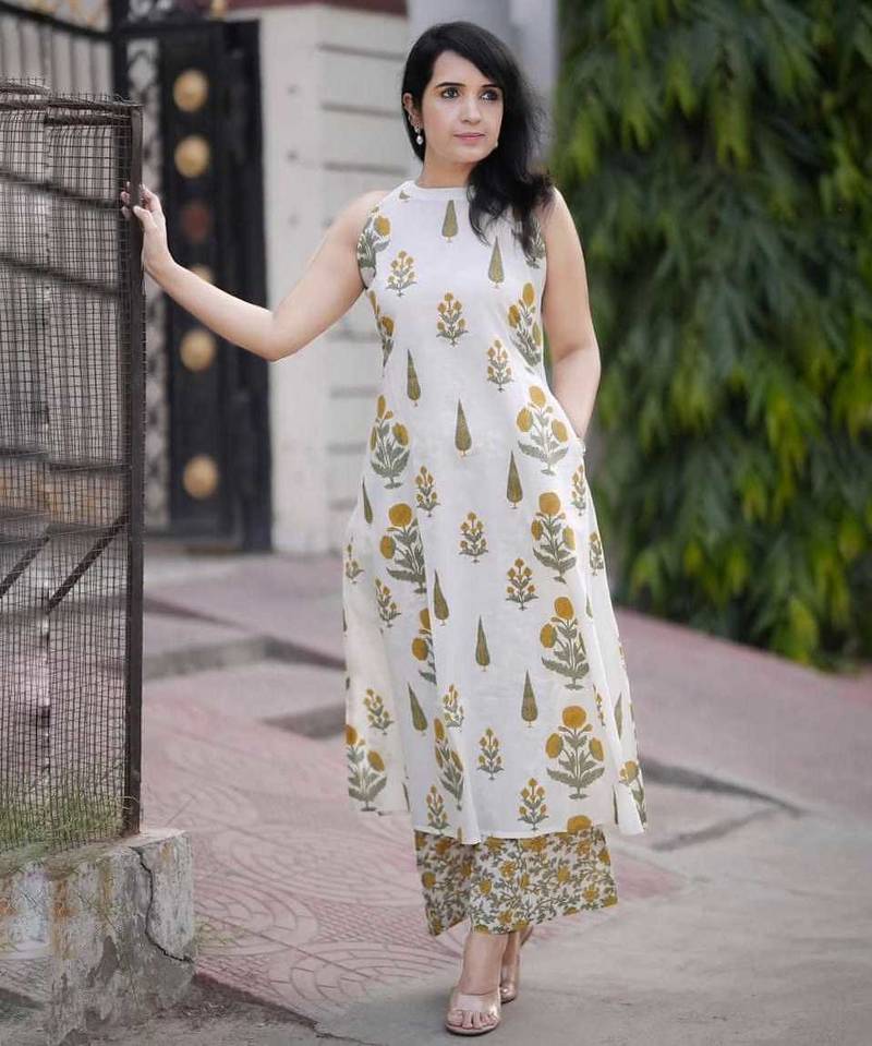 White & Yellow Floral Printed Cotton Co-ord Set for Women