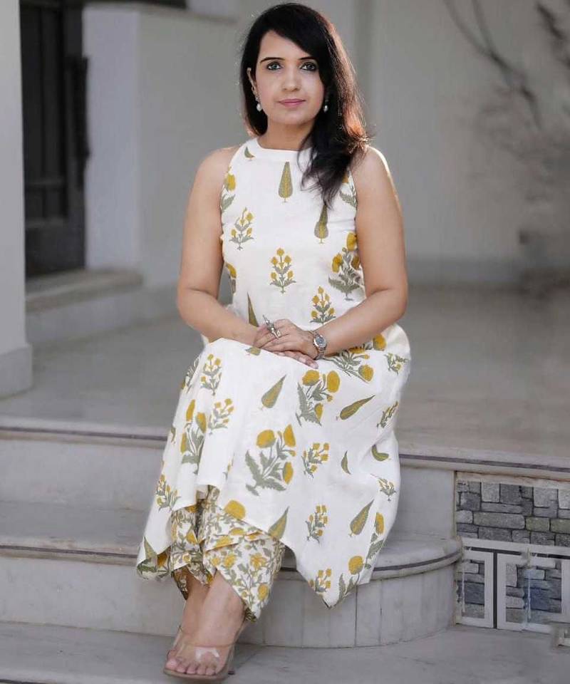 White & Yellow Floral Printed Cotton Co-ord Set for Women