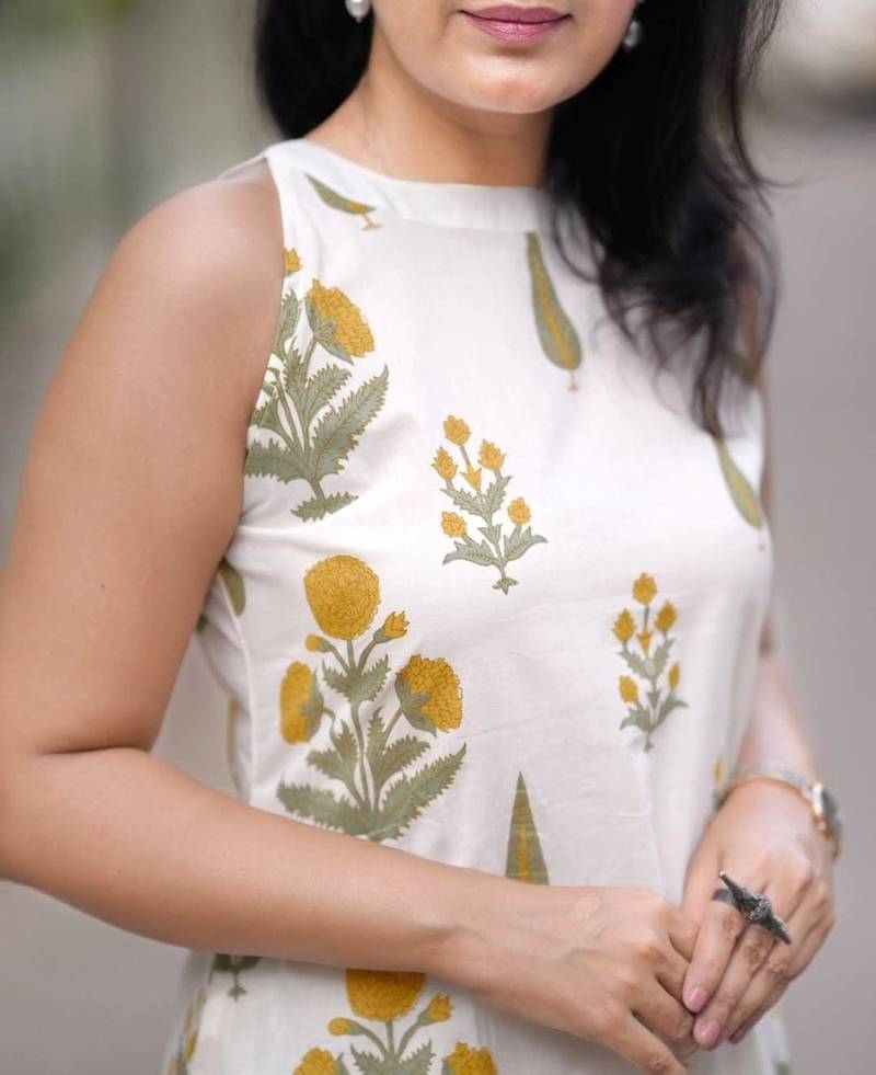 White & Yellow Floral Printed Cotton Co-ord Set for Women