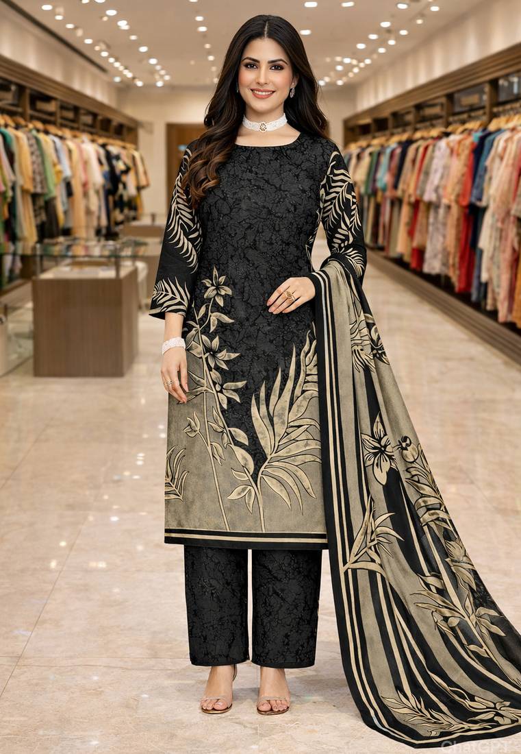 Black  color crepe silk printed women unstitched dress material