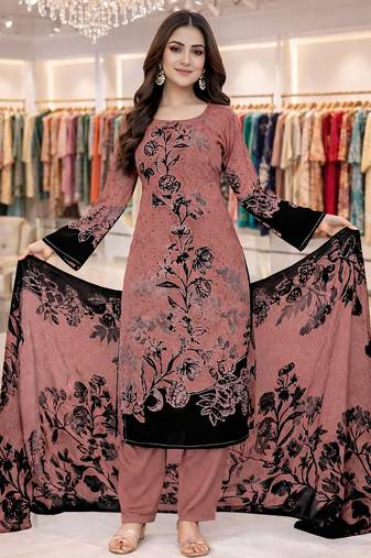 Pink  color crepe silk printed women unstitched dress material