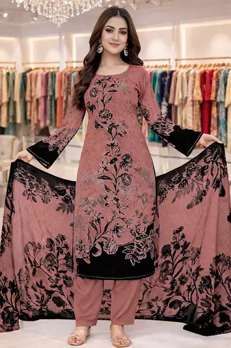Pink  color crepe silk printed women unstitched dress material
