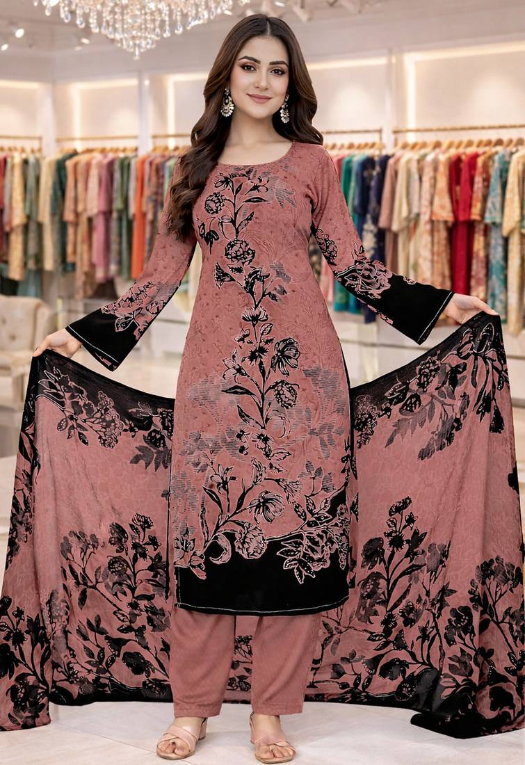 Pink  color crepe silk printed women unstitched dress material