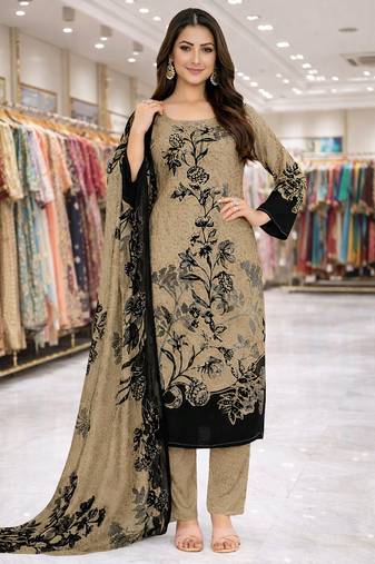 Beige color crepe silk printed women unstitched dress material