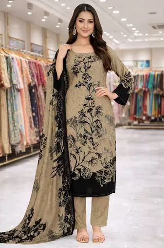 Beige color crepe silk printed women unstitched dress material